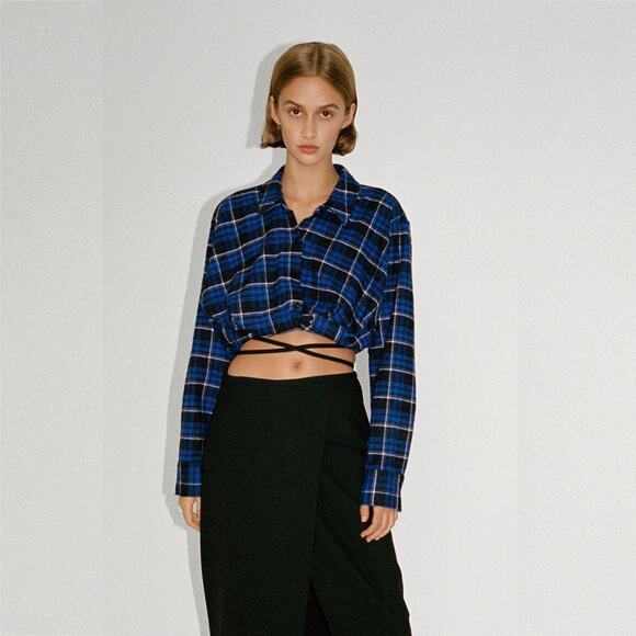 Zara Tops - 2/$30 ZARA Cropped Plaid Blouson Button-Down Shirt Blue Black Long Sleeve #7336